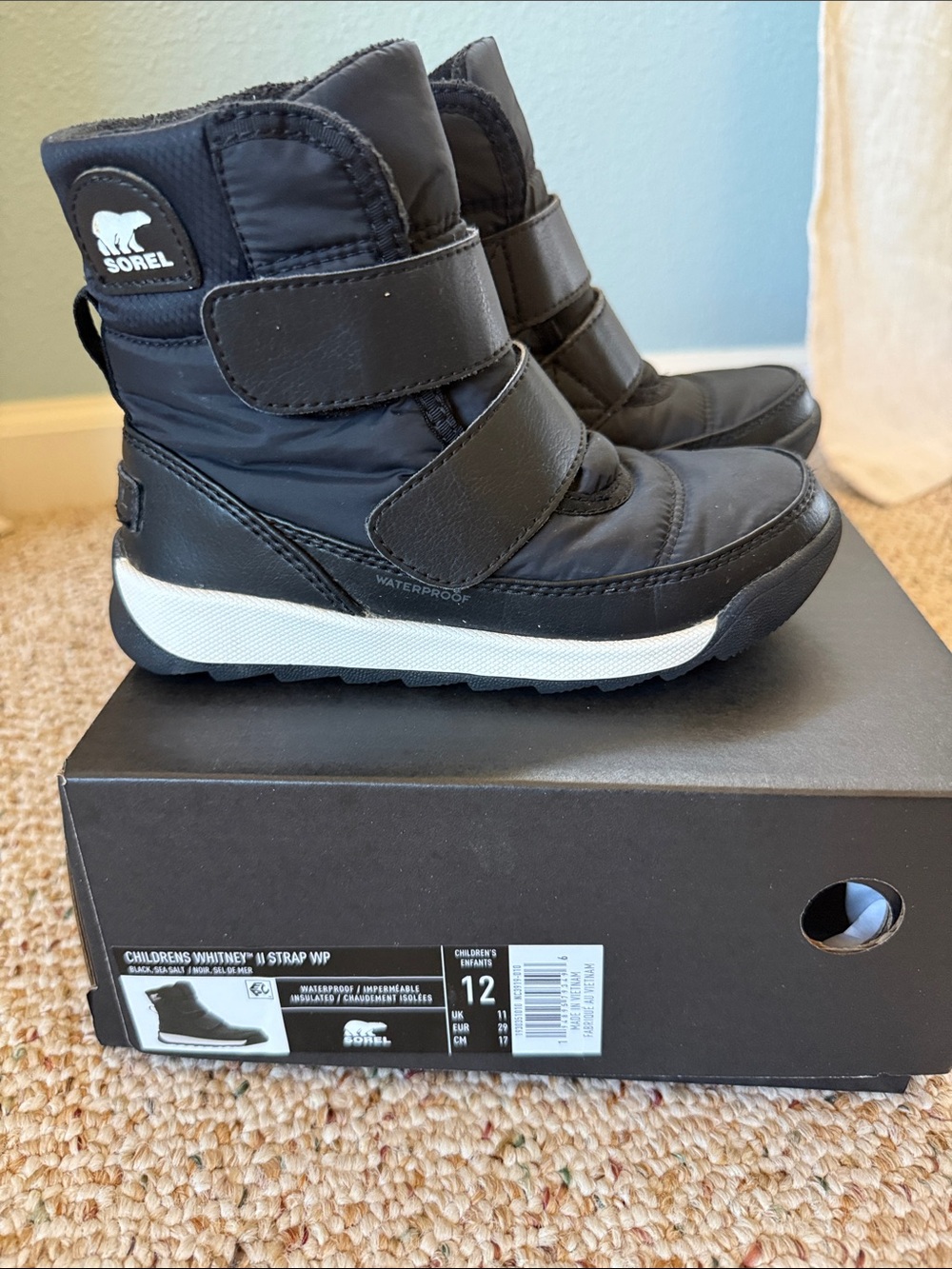 Sorel Kids Black Waterproof Hook-and-Loop Snow Boots
